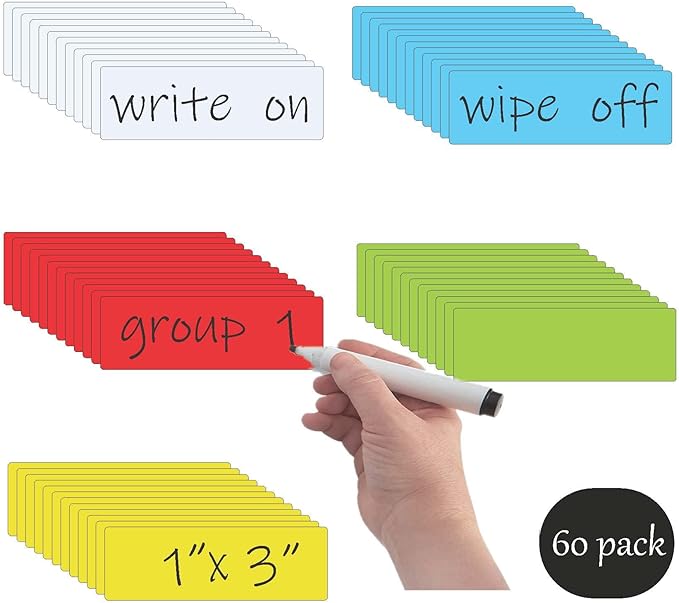 Dry Erase Magnetic Labels (1x3,Pack of 60),Write On Magnets Sticker,Real Waterproof/Reusable for Classroom&Office&Cabinet&whiteboard&Fridge&More (Multicolor)