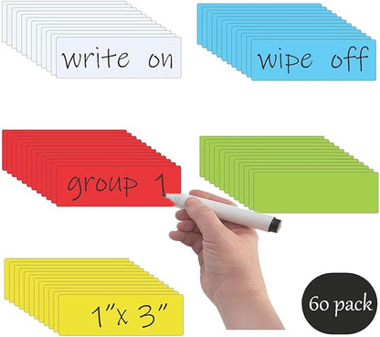 Dry Erase Magnetic Labels (1x3,Pack of 60),Write On Magnets Sticker,Real Waterproof/Reusable for Classroom&Office&Cabinet&whiteboard&Fridge&More (Multicolor)