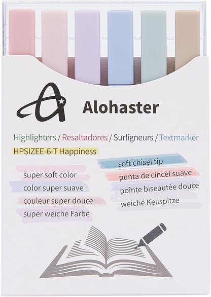 HPSIZEE Aesthetic Cute Highlighters Mild Assorted Colors With Soft Chisel Tip, No Bleed Dry Fast Easy to Hold, for Journal Bible Planner Notes School Office Supplies, 6 Pack - Happiness