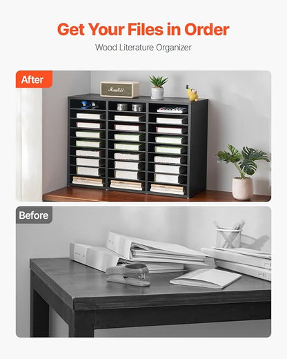 VEVOR Literature Organizer, 27 Compartments Office Mailbox with Removable Shelves, Wooden Mailbox Sorter Particle Board Office Home Classroom Storage, File Sorter for Files, Documents, Papers, Black