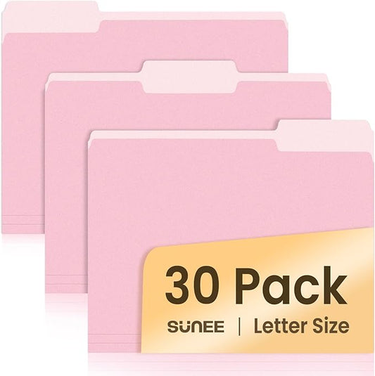 SUNEE File Folders, 30 Pack Manilla Folders 8.5 x 11, Colored File Folders Home Office School Supplies for Documents Files Paper, Pink