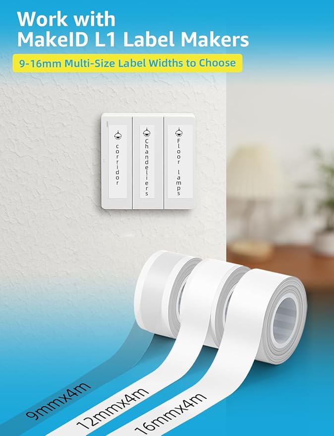 MakeID Label Maker Tape - 12mm Self-Adhesive Sticker Label Tape Refill Compatible with MakeID L1 Label Machine - Waterproof 6-Layer Laminated Film, Split-Back Design, 0.47"x13' (12mm x 4m)