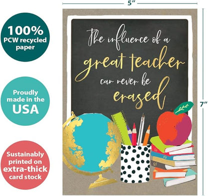 Tree-Free Greetings Teacher Appreciation Cards - Artful Designs - 2 Cards + Matching Envelopes - Made in USA - 100% Recycled Paper - 5"x7" - Lighthearted, For Teacher, Never Be Erased (GT64435)