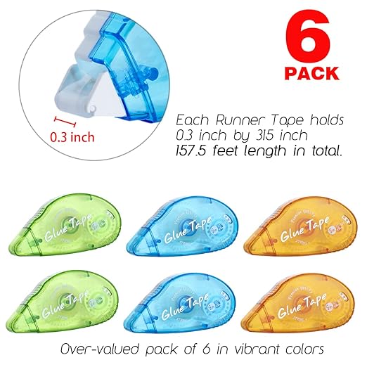 XUXU 6 Pack Double Sided Tape Roller, Scrapbooking Tape, Permanent Adhesive Tape Dispenser Runner for Crafts and Arts Projects, Photo-Safe, 0.3-inch by 315-Inch