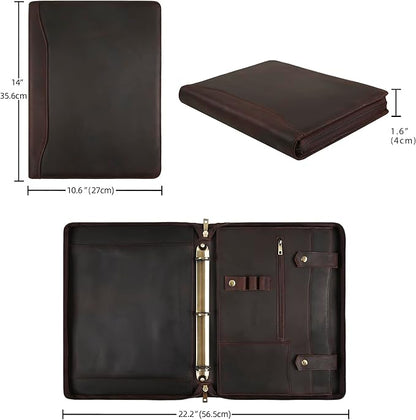 Portfolio Binder 3 Ring, Leather Binder Portfolio Folder for Left-Handed, Zippered Portfolio Padfolio Binder for Women, Leather Portfolio Organizer for Men (Dark Brown, Non-Custom)