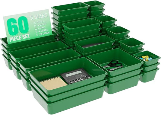 60 Pcs Plastic Drawer Organizer Set,5 Size Small Storage Containers for Organizing Jewelry,Utensil,Junk,Tea,Makeup,Shallow Drawer Organizers Tray Suitable for Office,Desk,Bathroom,Vanity,Kitchen,Green