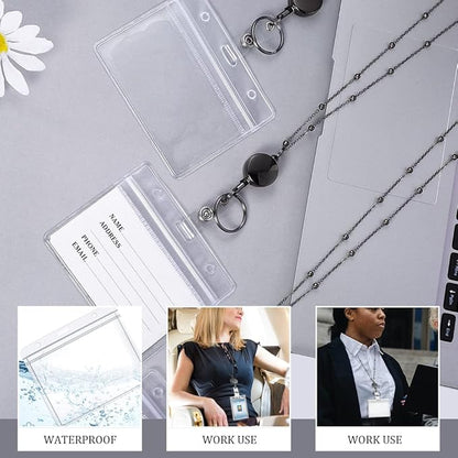 3 Pack Lanyards for Id Badges with 6 Pcs Id Badge Holder Retractable Badge Holders Stainless Steel Teacher Lanyard Cruise Ship Lanyards for Girl Women (Black)