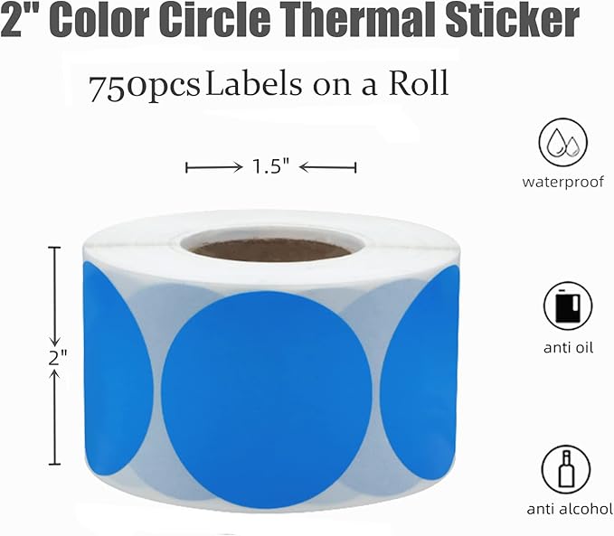 Hybsk 2 inch Circle Color Direct Thermal Stickers Shipping Labels for Barcodes,Name Tag,DIY Logo Design,QR Code,Inventory– Compatible with Zebra,Rollo,Munbyn,and More-750 pcs (2 inch,Blue)