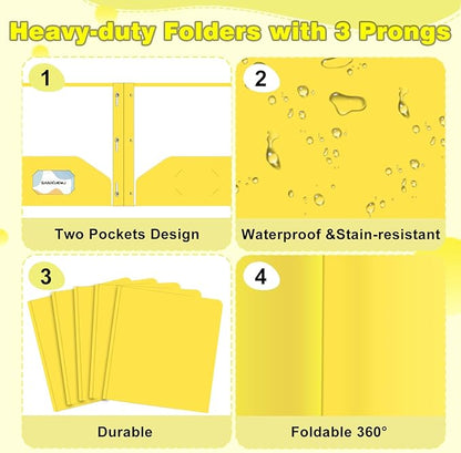 Folders with Pockets,SANXUEWJ 30 Pack Two Pocket Folders Business Card Holder Plastic Folders with Prongs for School Office Filing Cabinet Resume Portfolio (Yellow)