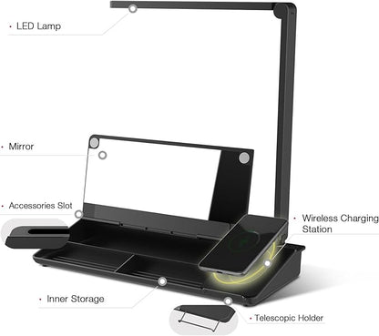 Small Desk whiteboard - Glass Dry Erase White Board- Desk Computer Buddy with Fast Charger Charging Station, Desk Board Buddy with Adjustable Foldable Desk Lamp, Dry Erase Notepad, Black, 17 x 6 in