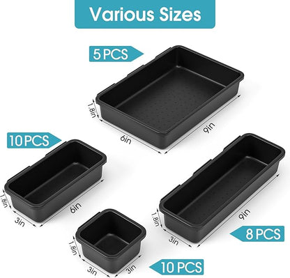 33 PCS Drawer Organizer Set, 4 Size Makeup Drawer Divider Organizer With Non-Slip Pads, Interlocking Plastic Storage Bins for Office,Jewelry Vanity,Gadgets, Bathroom,Kitchen, Black