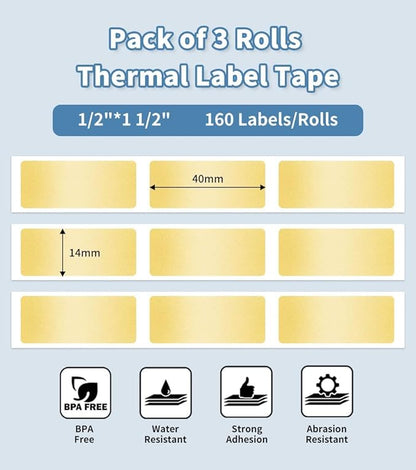 Phomemo D30 Label Tape, for D30 D35 Q30 Q30S Q31 Q32 Label Maker, Black on Glitter Transparent Gold Sticker Thermal Paper Self-Adhesive, 14mm x 40mm (1/2" x11/2) 160 Tapes/Roll, 3 Rolls