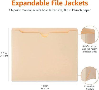 Amazon Basics File Folders Jacket, Reinforced Straight-Cut Tab, 2 Inch Expansion, 50-Pack, Letter Size, Manila