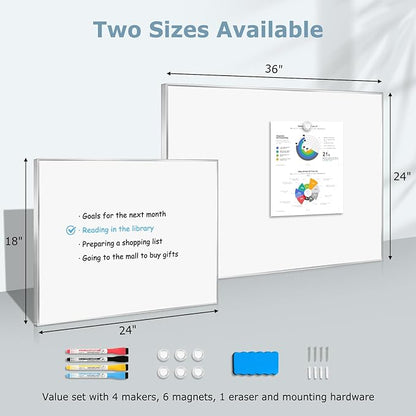 Whiteboard for Wall, 24" x 18" Magnetic White Board Dry Erase Board with Silver Aluminum Frame, Hanging Wipe Board for Office, Home, School