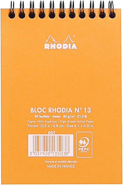 RHODIA 13503C - Spiral Notebook (Full Bound) Orange - A6 - Dotted Dot - 80 Detachable Sheets - 80G Clairefontaine Paper - Soft and Resistant Coated Card Cover - Classic