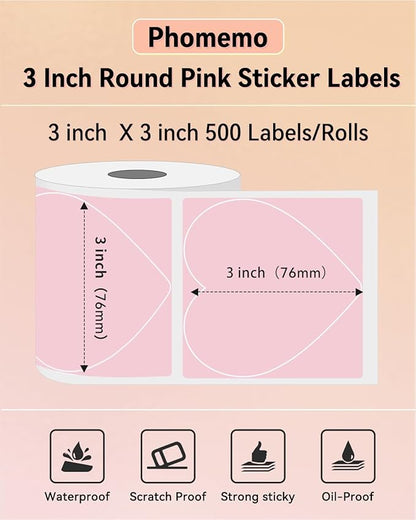 Phomemo 3” Color Circle Thermal Labels, Self-Adhesive Round Direct Sticker Label, Cute Pink Heart Stickers Roll for Custom Stickers Personalized & Business, 500 Pink Labels/Roll