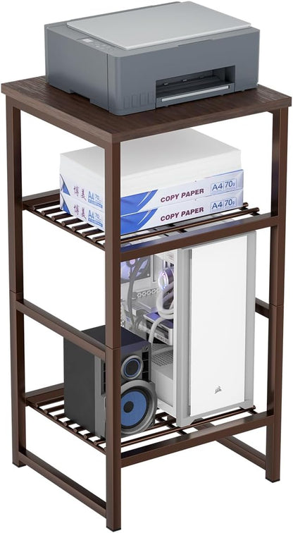 Printer Stand Holder 3 Tier - Heavy Duty Metal Shelving Unit for Under Desk Printer Storage Office Organizer, Industrial Printer Side Table with Wood Desktop for Scanner Fax Machine