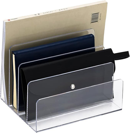 Sooyee File Organizer for Desk, Mail Organizer Countertop,4-Section File Holder for Home Office,Book Organizer,Acrylic Desk Organizer for Letter, Document, Notebook, Binder, Purse, Palette,Clear
