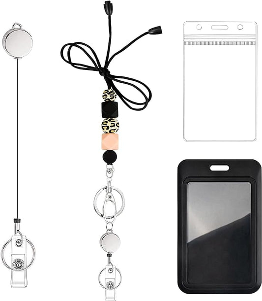 Colorful ID Badge Holder with Silicone Beads Lanyard Set,Cute Teacher Breakaway Lanyard for Keys & Keychain with Cute Retractable Badge Reel Holder,Gift for Women,Nurse, Teacher. (2 Leopard)