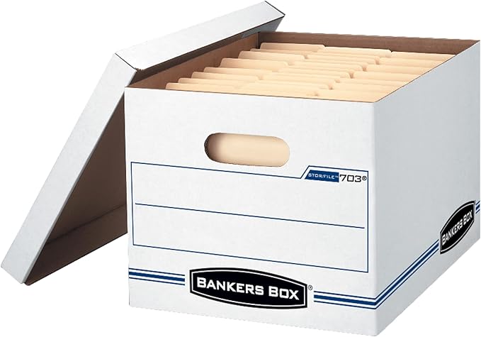 Bankers Box 4 Pack STOR/FILE Basic Duty File Storage Boxes, Standard Assembly, Lift-off Lid, Letter/Legal, White/Blue