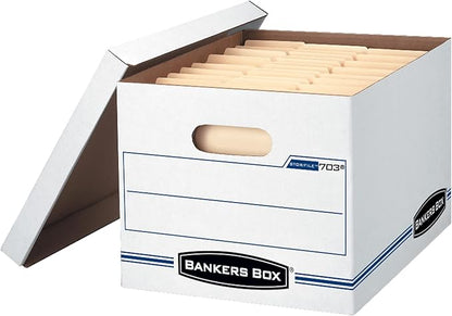 Bankers Box 4 Pack STOR/FILE Basic Duty File Storage Boxes, Standard Assembly, Lift-off Lid, Letter/Legal, White/Blue
