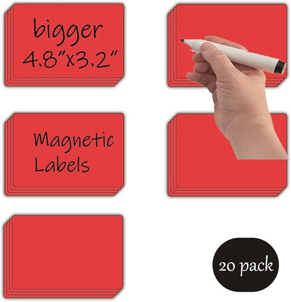 Dry Erase Big Magnetic Labels (4.8x3.2",Pack of 20),Large Write On Magnets Name Plates Sticker,Waterproof/Reusable for Refrigerator&Lockers&Whiteboard&Cabinet(Red)