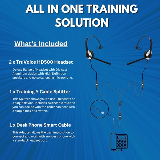 TruVoice Headset Training Solution (Includes 2 x HD-500 Premium Single Ear Headsets with Noise Canceling Microphone,Training Cord and Smart Lead - Works with 99% of Phones with Headset Port)