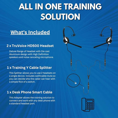 TruVoice Headset Training Solution (Includes 2 x HD-500 Premium Single Ear Headsets with Noise Canceling Microphone,Training Cord and Smart Lead - Works with 99% of Phones with Headset Port)
