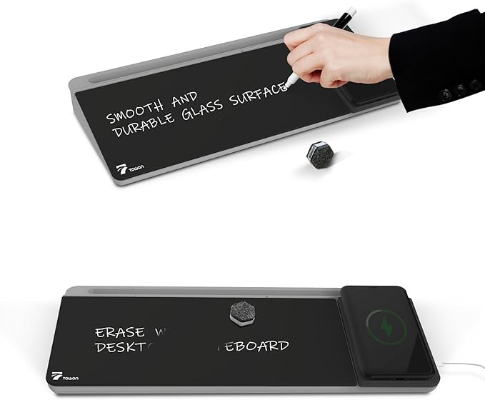 TOWON Black Desk Dry Erase Board with Charger Pad, Small Glass Desktop Whiteboard, Desktop whiteboard - Glass Dry Erase White Board- Desk Computer Buddy for Home Office Supply, 17 x 6 in