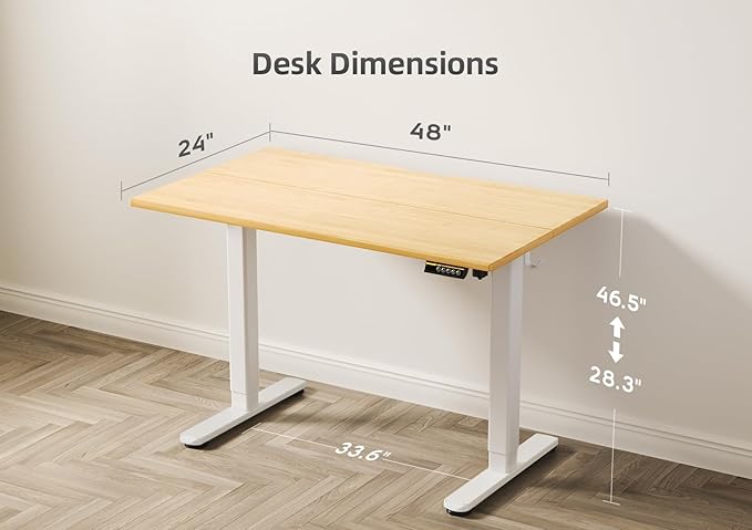 Bamboo Electric Standing Desk, Adjustable Height Stand up Desk, 48x24 Inches Sit Stand Home Office Desk with Splice Board, White Frame/BambooTop