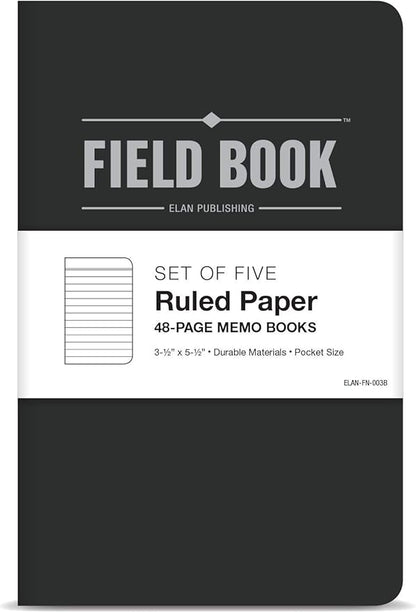 Elan Publishing Company Field Notebook/Pocket Journal - 3.5"x5.5" - Black - Lined Memo Book - Pack of 5