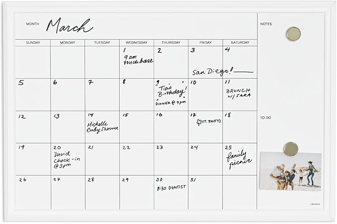U Brands Magnetic Dry Erase Calendar Board, 30"x20", White Wood Style Frame, Includes Magnets