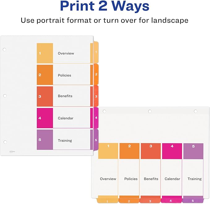 Avery 5 Tab Dividers for 3 Ring Binders, Customizable Table of Contents, Multicolor Tabs, 3 Sets (11070)