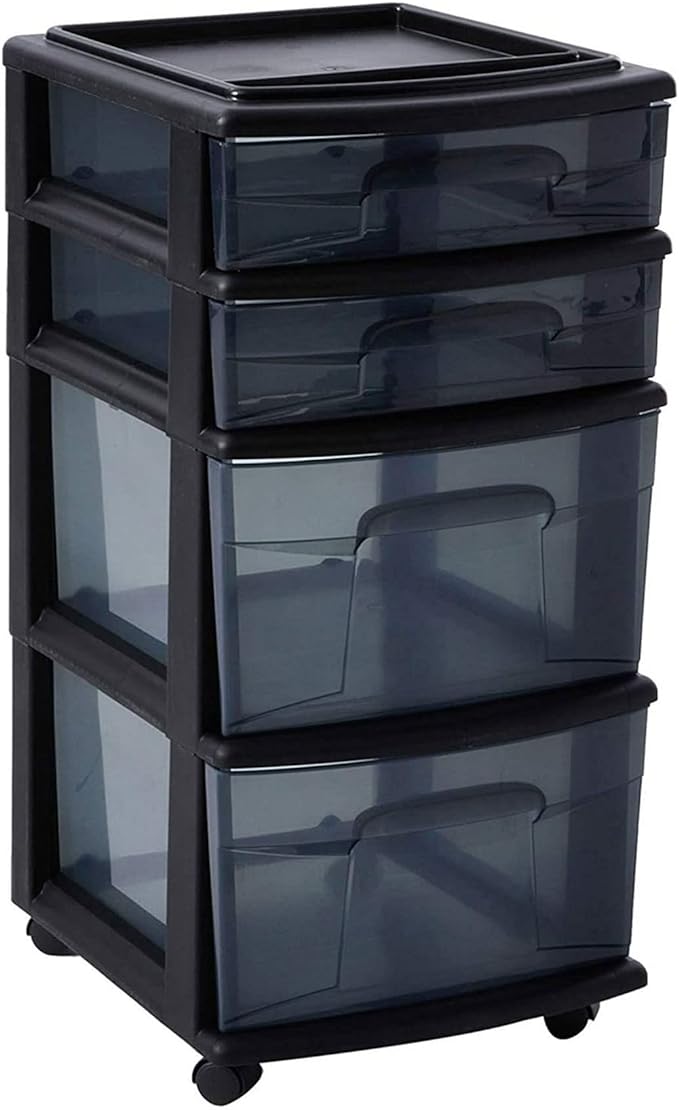 HOMZ 2-Pack 4-Drawer Plastic Storage Cart, Home & Office Organizer, Black-Clear
