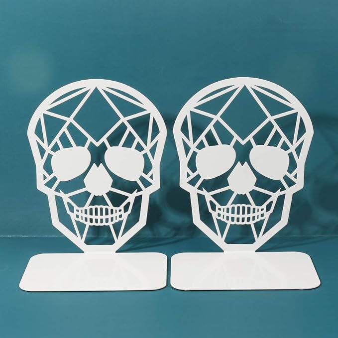Metal Skull Design White Bookend - Heavy-Duty Bookends for Shelves, Skull Book Ends for Heavy Books, Book Shelf Holder Home Office Decorative Desktop Organizer (1 Pair-White)
