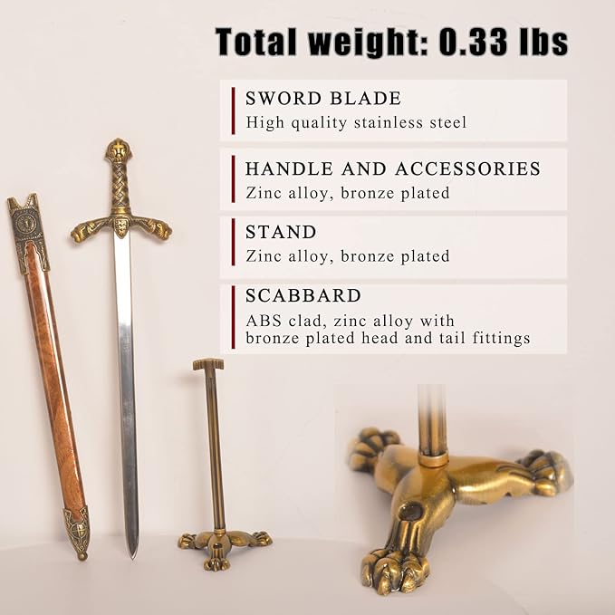 11" Metal Excalibur Sword Stainless Steel Letter Opener with Stand,Medieval Vintage Gold Handle,Mini Sword,Lightweight Hand Envelope Slitter,Special Gift