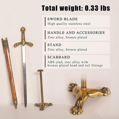 11" Metal Excalibur Sword Stainless Steel Letter Opener with Stand,Medieval Vintage Gold Handle,Mini Sword,Lightweight Hand Envelope Slitter,Special Gift