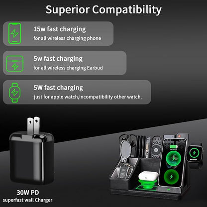 Black Leather Desk Organizer With Charging Station,Office Supplies Desk Accessories,Pen Holder for Desk,Remote Control Holder,Desk Organizer With Phone Charger,Nightstand Desktop Organizer