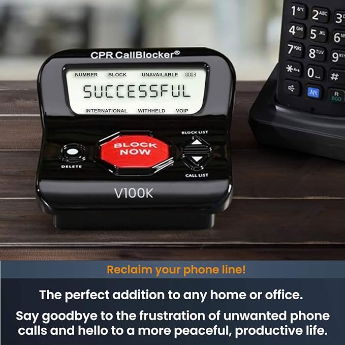 CPR V100K Call Blocker for Landline Phones with Caller ID. Pre-Loaded with 100,000 Nuisance Numbers and Allows Blocking of 10,000 More with a Single Button Press.