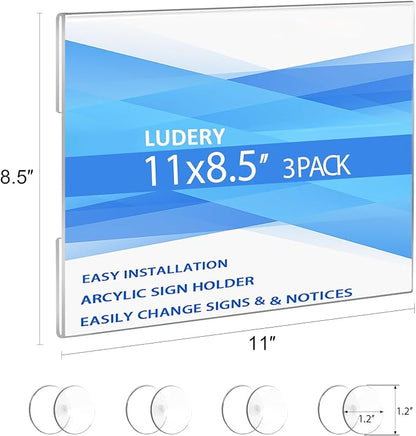 Acrylic Window Sign Holder 8.5 x 11 with 4 Suction Cups,Clear Acrylic Frames Glass Window Wall Mount,Advertising Signage Sign Holder for Mall, Office, Home, Store, Restaurant (3 Pack)