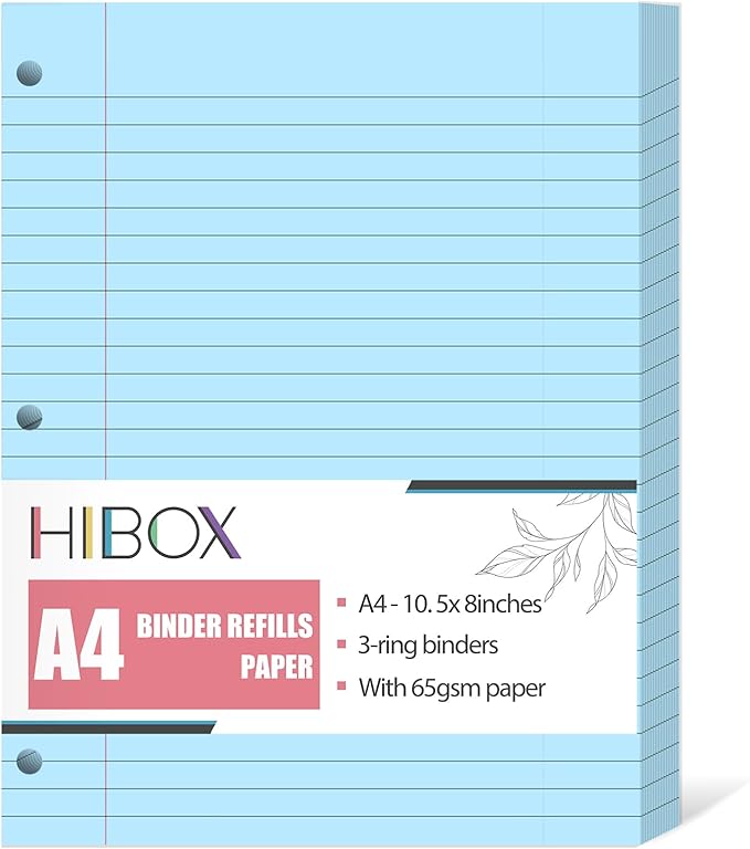 HIBOX 100 Sheets Lined Loose Leaf Paper, 8x10.5inch Blue Wide Ruled Refiller 3 Hole Punched Filler Paper for School Office