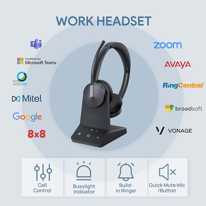 Yealink WH64 Dual UC DECT & Bluetooth Wireless Headset, 606ft Range,Zoom,Skype Certified,On Ear Work Wired Headphone with 3X Noise Cancelling Mic, 32 Talk Time, Office Desk IP Phone, PC,Computer
