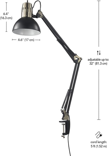 Globe Electric 62000009 32" Multi-Joint Desk Lamp with Metal Clamp, Matte Black, Antique Brass Accents, On/Off Rotary Switch on Shade, Partially Adjustable Swing Arm, Home Décor, Office Accessory