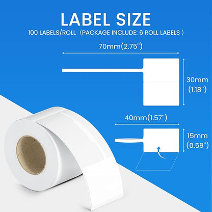 Jewelry Price Label Tags Roll Compatible with Clabel Label Maker,White Stickers Thermal Paper Self-Adhesive Rectangle Tape,600 PCS Labels 6 Roll 1.18x2.75 Inch (30x70mm) for Necklace Earring Identify