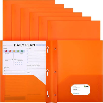Cholemy 6 Pcs Plastic Pocket Folders with Prong 2 Heavy Duty Pockets Folders with 3 Prongs Letter Size Paper Folders Bulk File Plastic Folders with Fasteners for Office Workers (Orange)