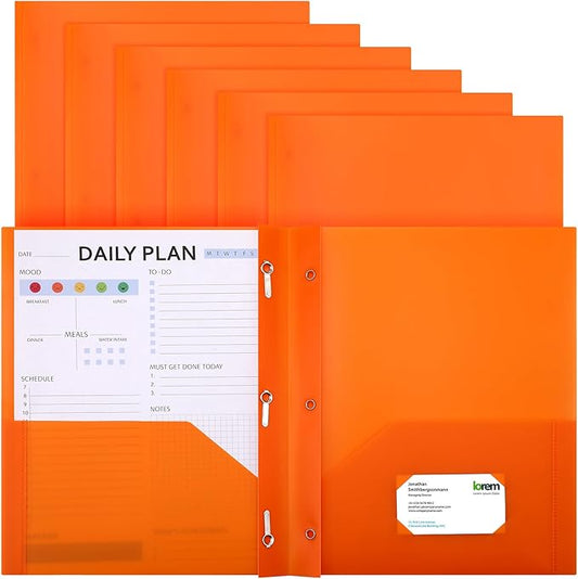 Cholemy 6 Pcs Plastic Pocket Folders with Prong 2 Heavy Duty Pockets Folders with 3 Prongs Letter Size Paper Folders Bulk File Plastic Folders with Fasteners for Office Workers (Orange)