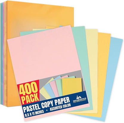 1InTheOffice Pastels Colored Copy Paper, Assorted, 8.5 x 11 inch Letter Size, 20lb Density, (400 Sheets)