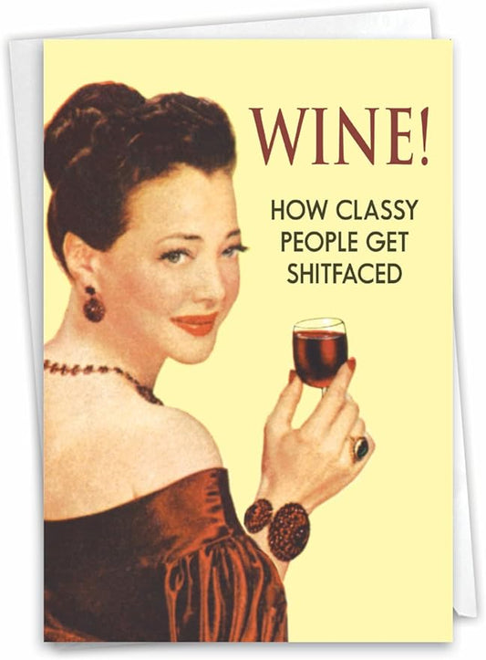NobleWorks - 1 Funny Vintage Birthday Card - Hilarious Retro Greeting, Grown-Up Humor for Happy Birthdays - Wine Ephemera 0830