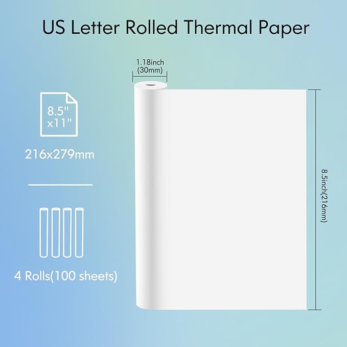 JADENS US Letter Size Quick-Dry Thermal Printer Paper 8.5''x11'', 4 Rolls, Compatible with Gloryang & JADENS PD-A4 Portable Printer