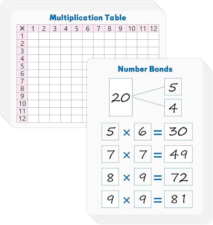 10 Pack Multiplication Chart Whiteboard Card - Double-Sided 9" x 12" Dry Erase Board, Math Manipulatives White Board for Kids Students, Classroom and Home Learning，Small White Board Card Dry Erase